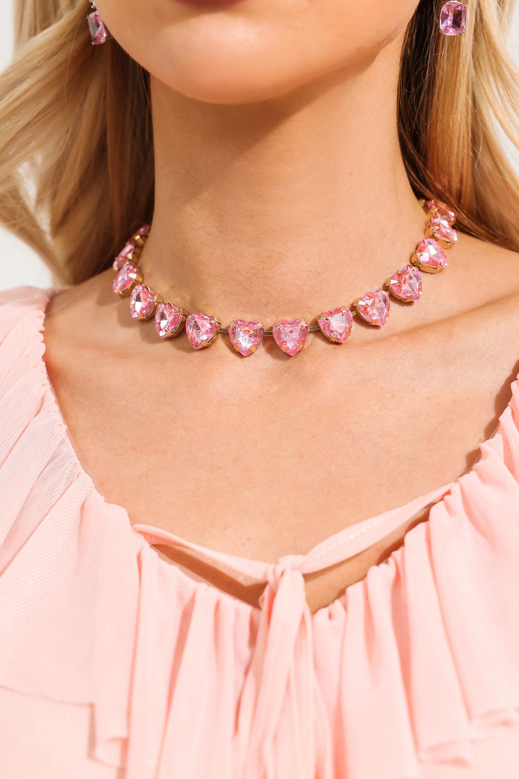 Stud Heart Shape Faux Pink Crystal Necklace