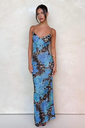 Blue Floral and Leopard Print Maxi Dress