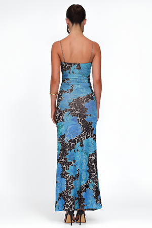Blue Floral and Leopard Print Maxi Dress