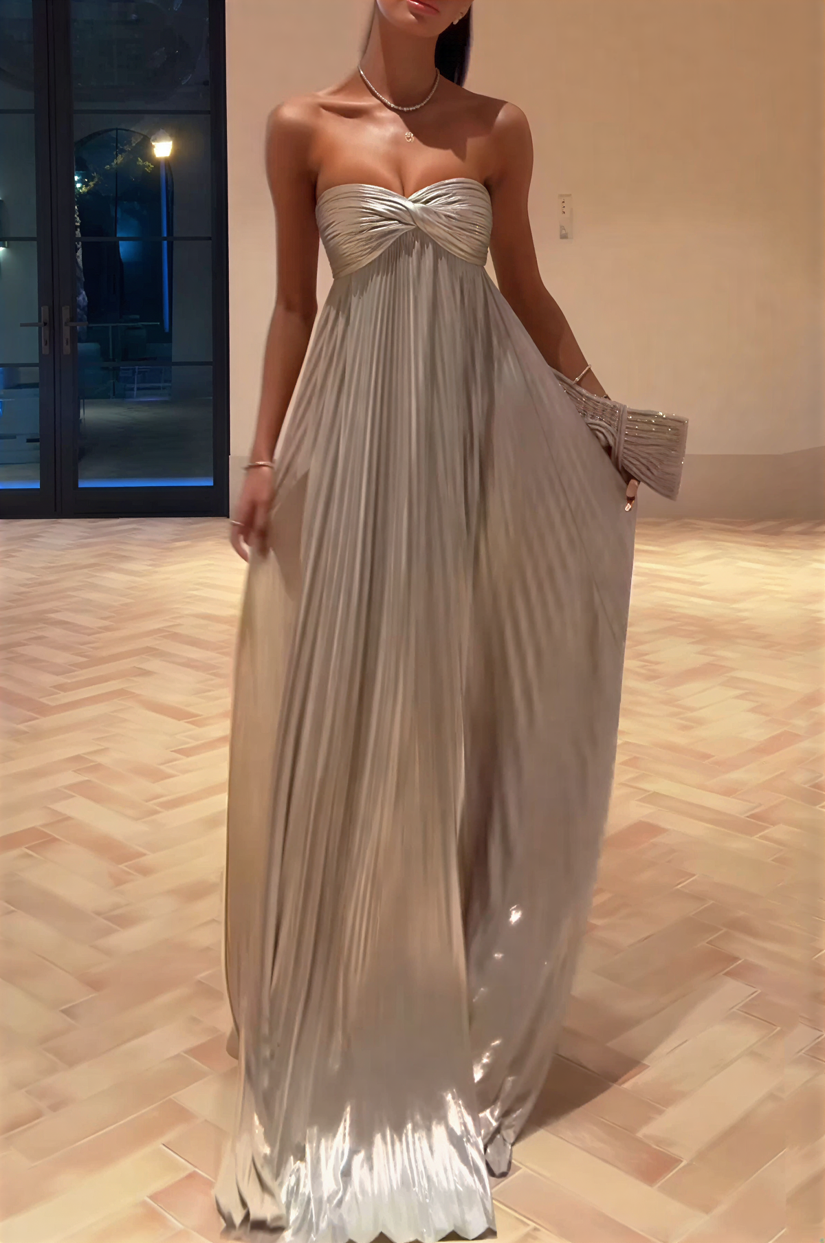 Metallic Pleated Off-The-Shoulder Maxi Dress