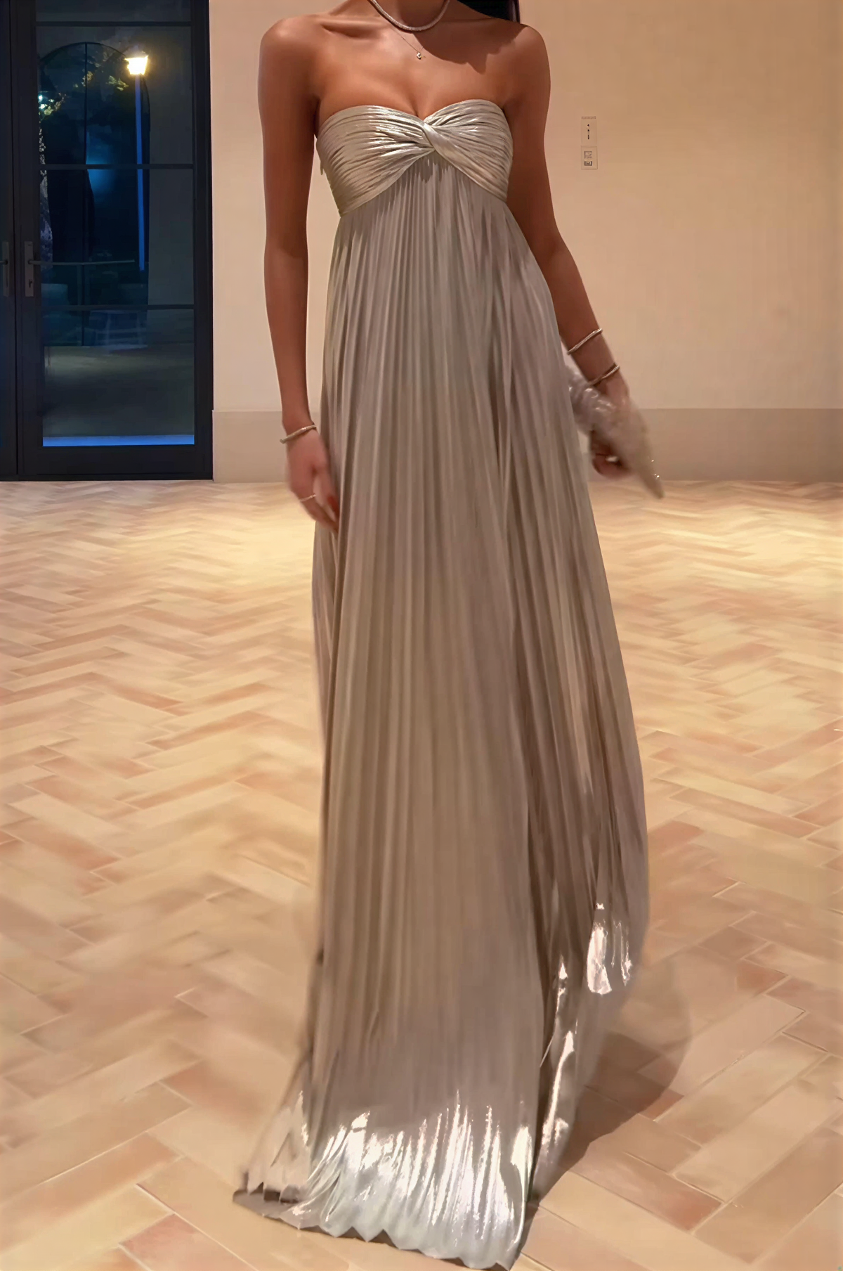 Metallic Pleated Off-The-Shoulder Maxi Dress
