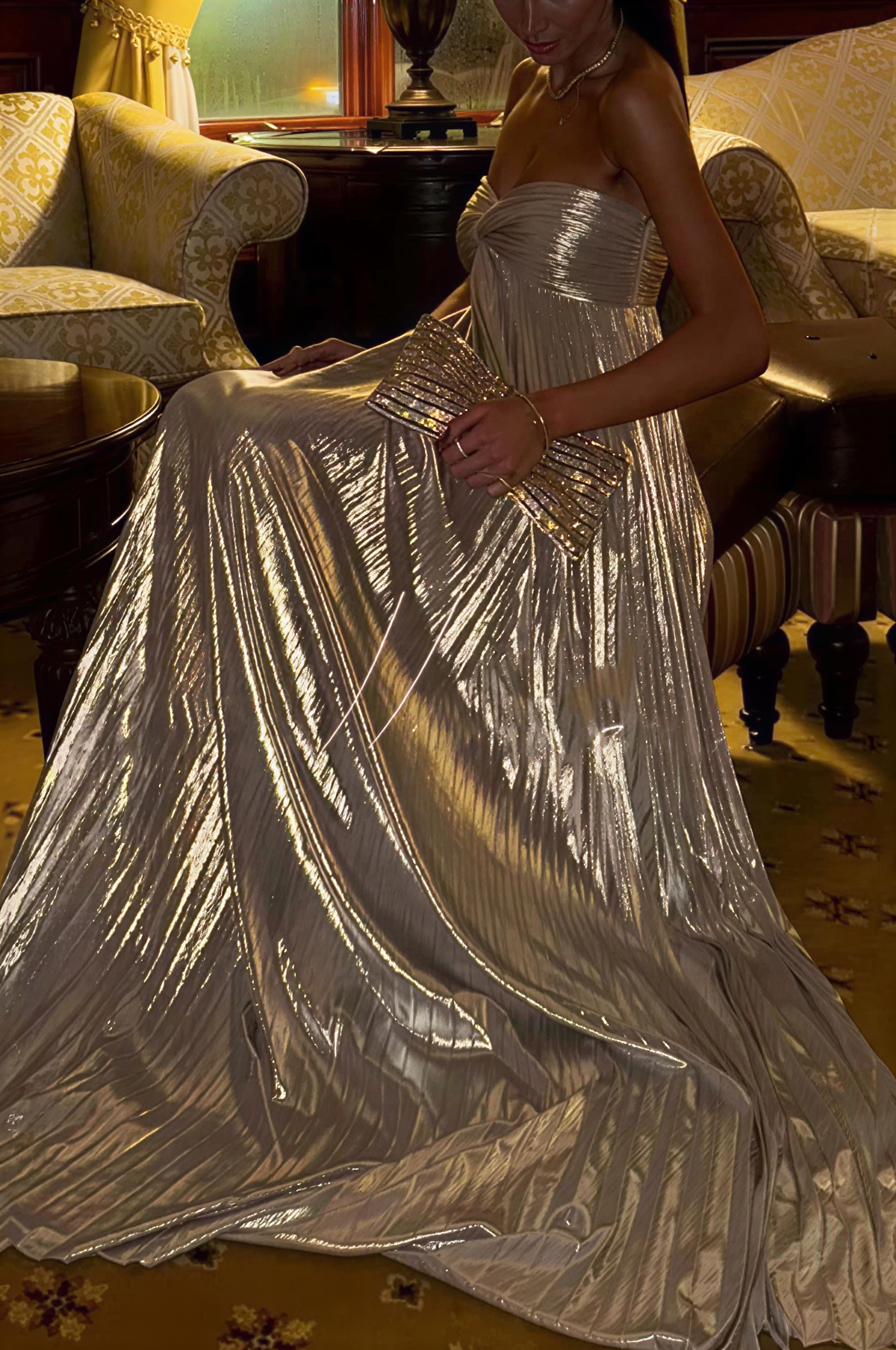 Metallic Pleated Off-The-Shoulder Maxi Dress
