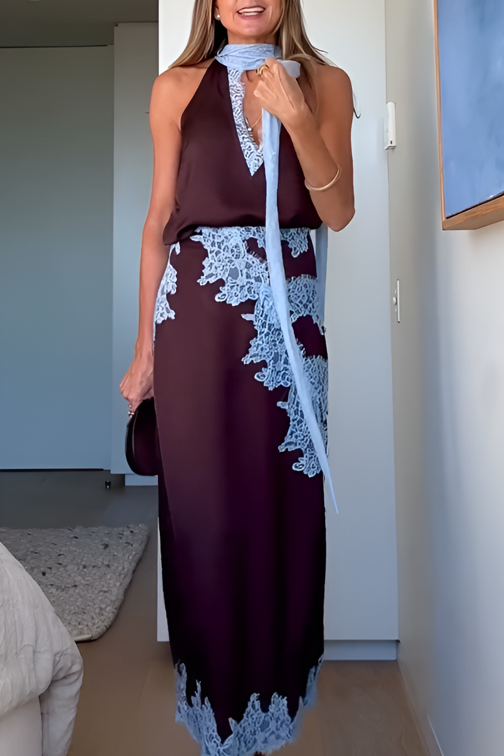 Contrast Lace Halter Neck Skirt Set