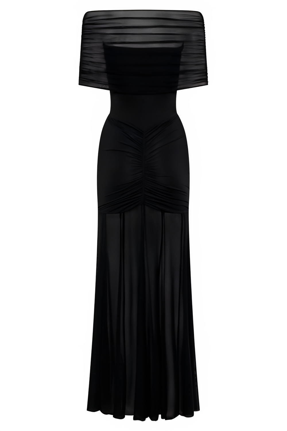 Slinky And Mesh Off Shoulder Maxi Dress