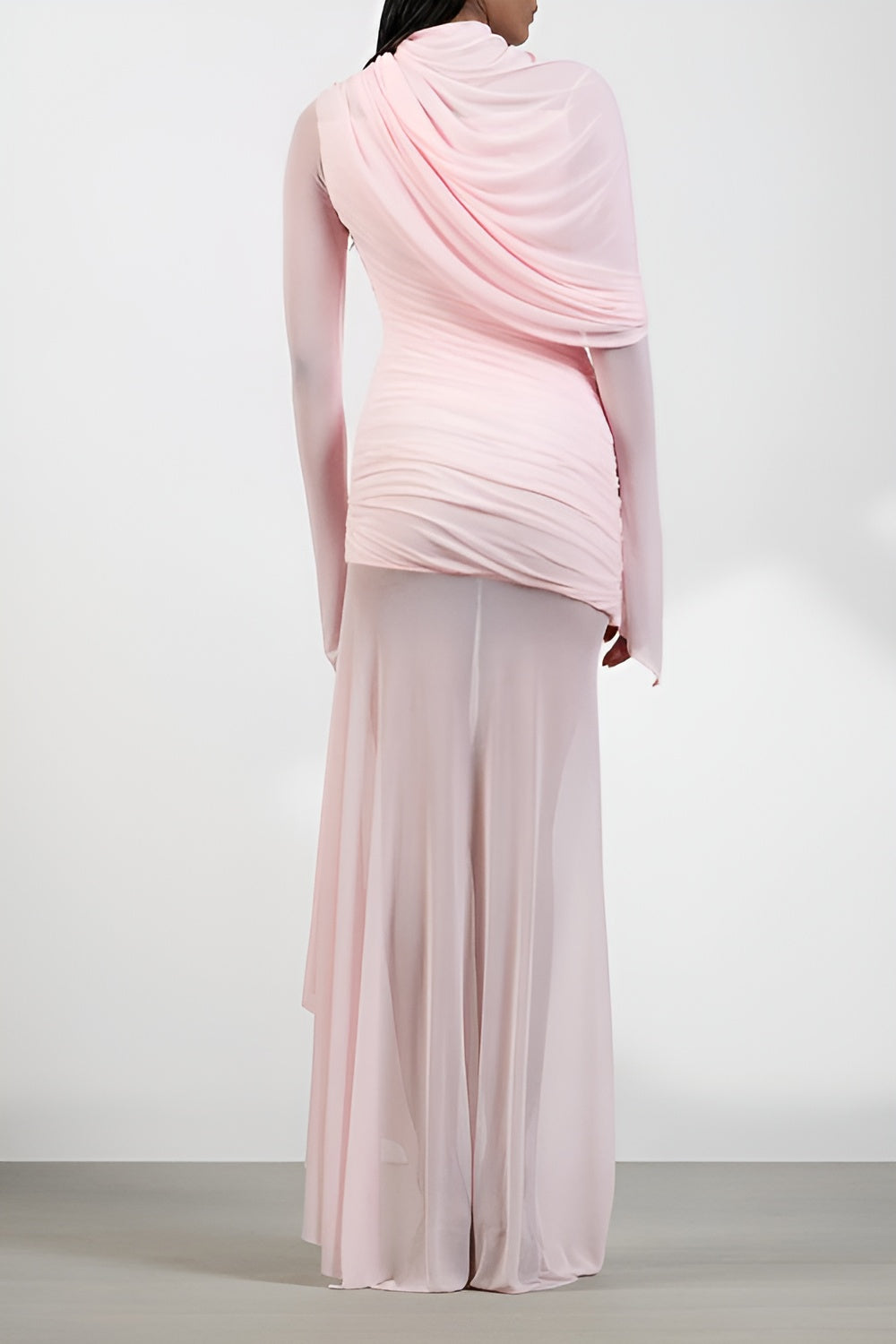 Garance Pink Asymmetrical Ruched Mesh Maxi Dress
