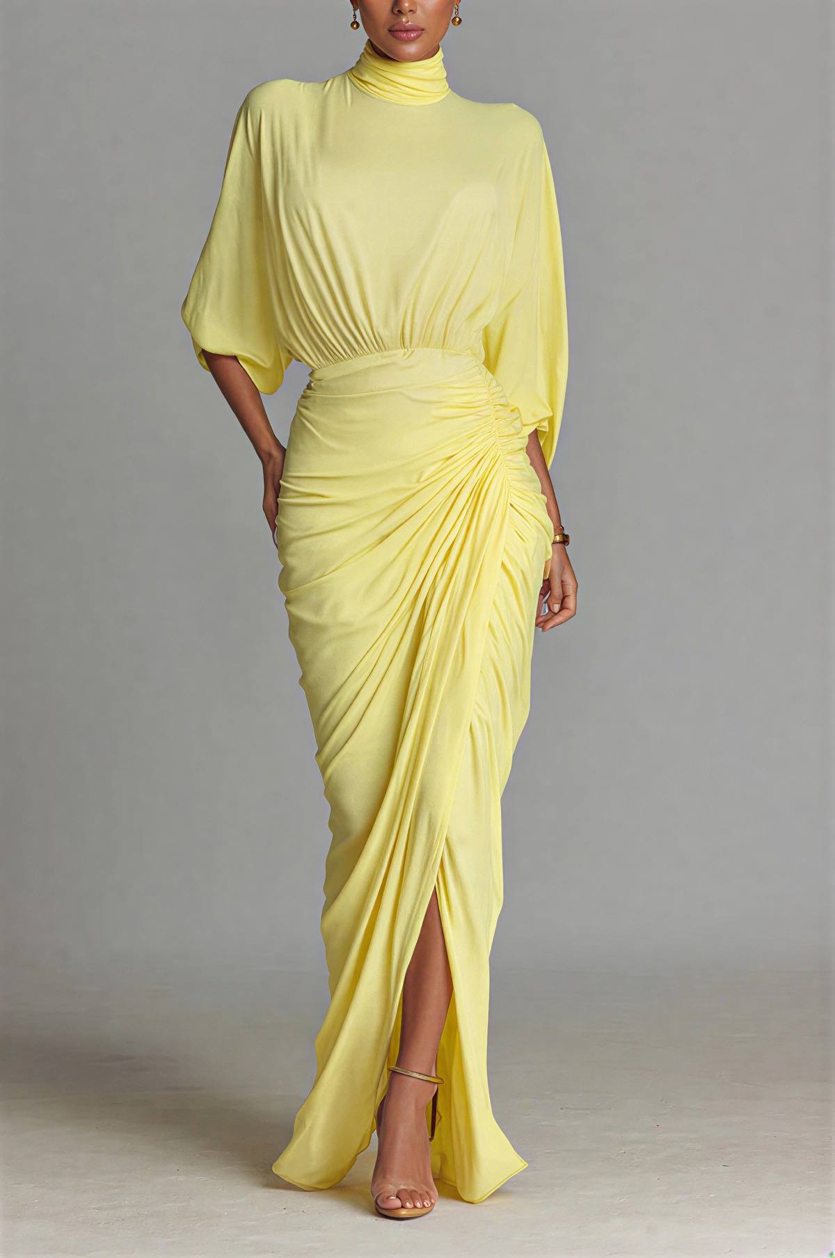 Elegant High Neck Half Sleeve Pleated Maxi Dress