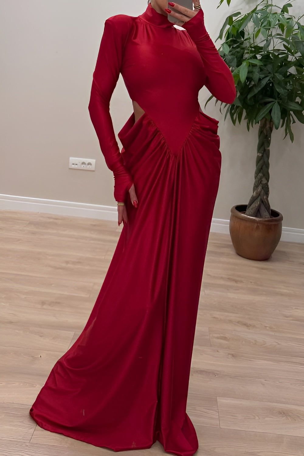 Elegant Hollow High-Neck Slim Pleated Maxi Dress