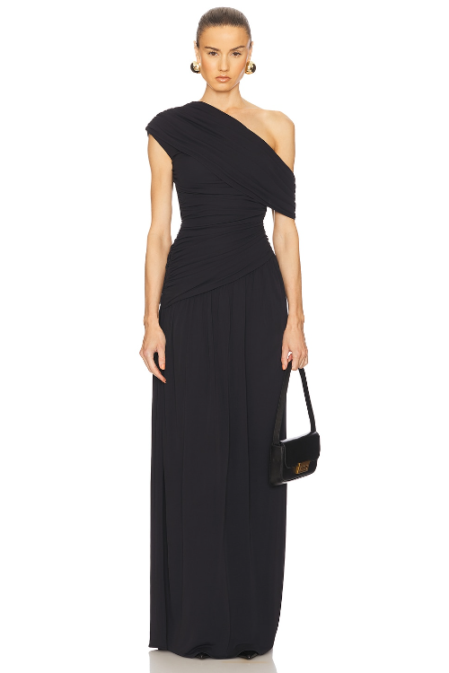 Gathering Solid One-Shoulder Maxi Dress
