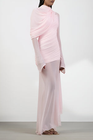 Garance Pink Asymmetrical Ruched Mesh Maxi Dress