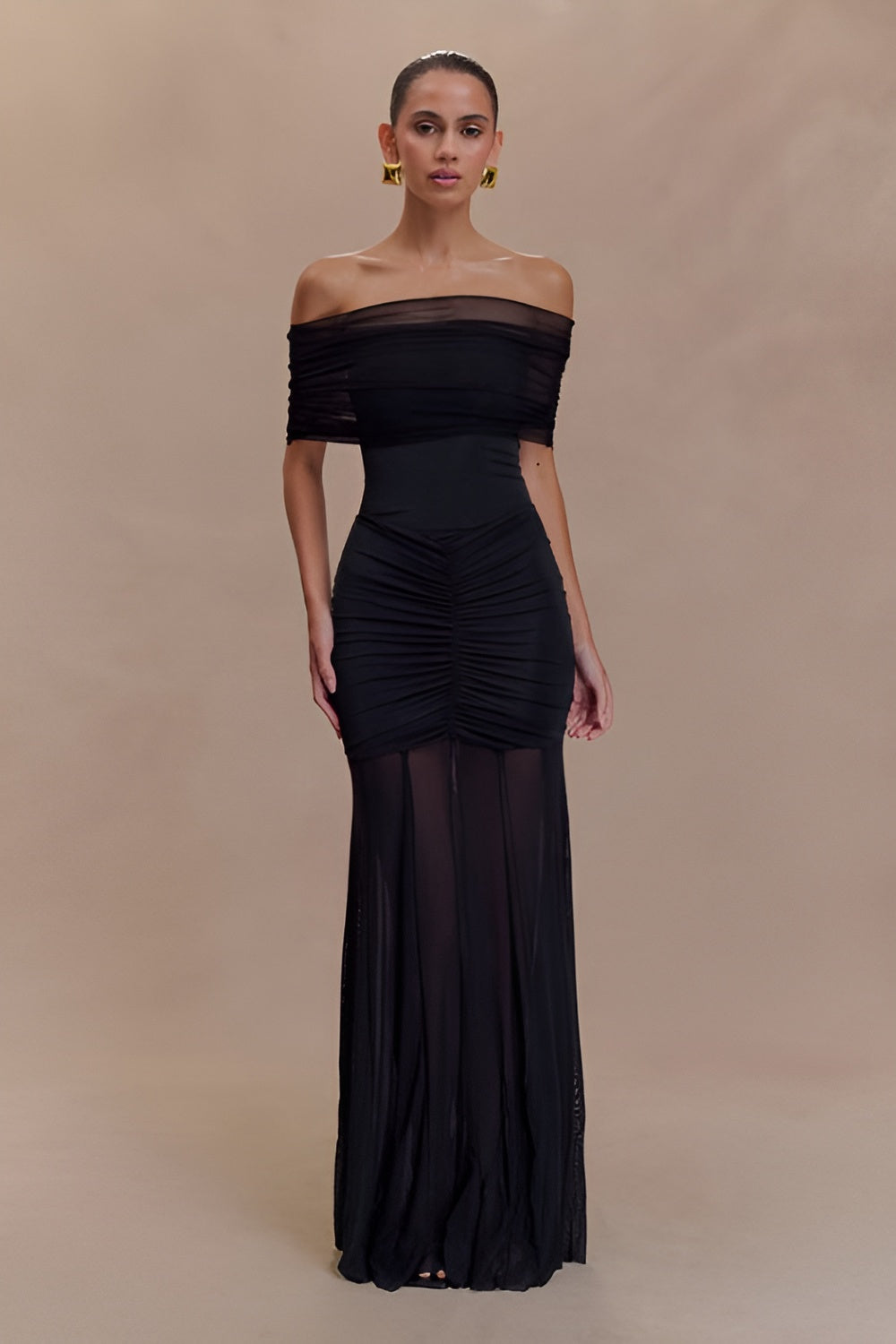Slinky And Mesh Off Shoulder Maxi Dress