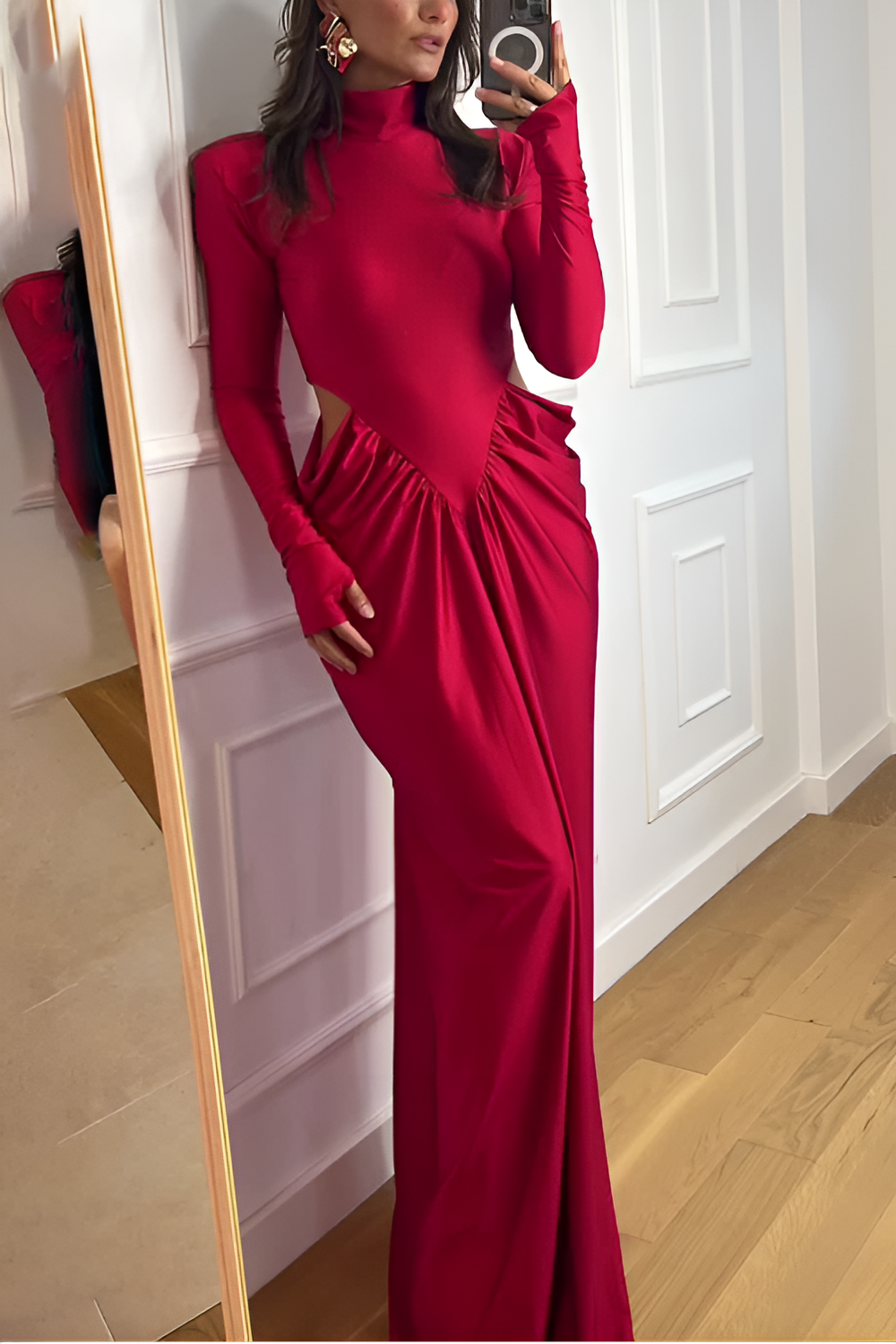 Elegant Hollow High-Neck Slim Pleated Maxi Dress