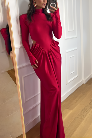 Elegant Hollow High-Neck Slim Pleated Maxi Dress