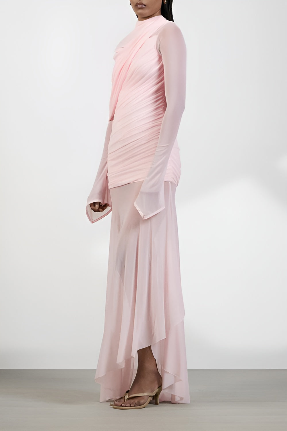 Garance Pink Asymmetrical Ruched Mesh Maxi Dress