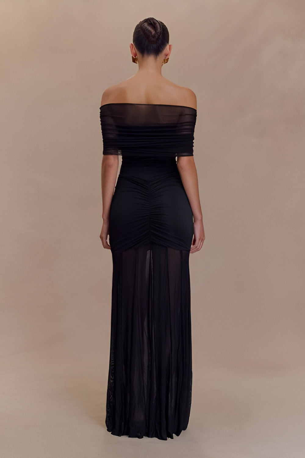 Slinky And Mesh Off Shoulder Maxi Dress