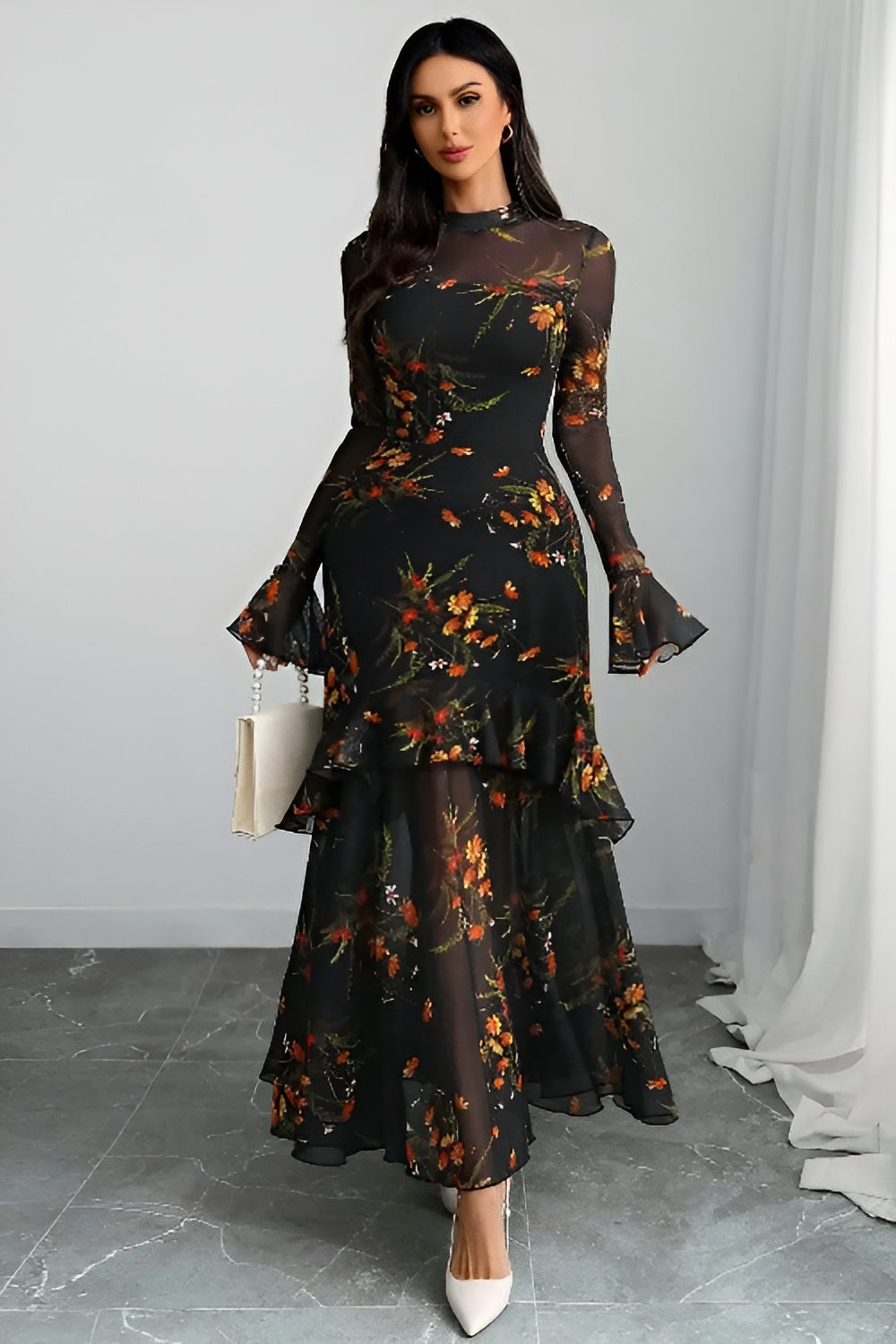 Black Floral Lace Sleeve Maxi Dress