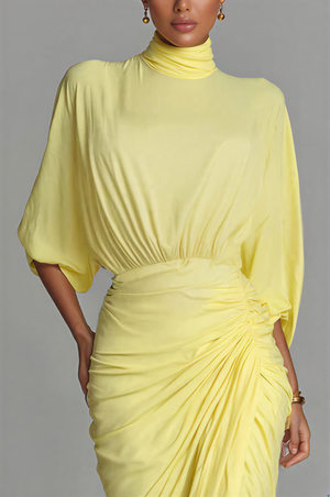 Elegant High Neck Half Sleeve Pleated Maxi Dress