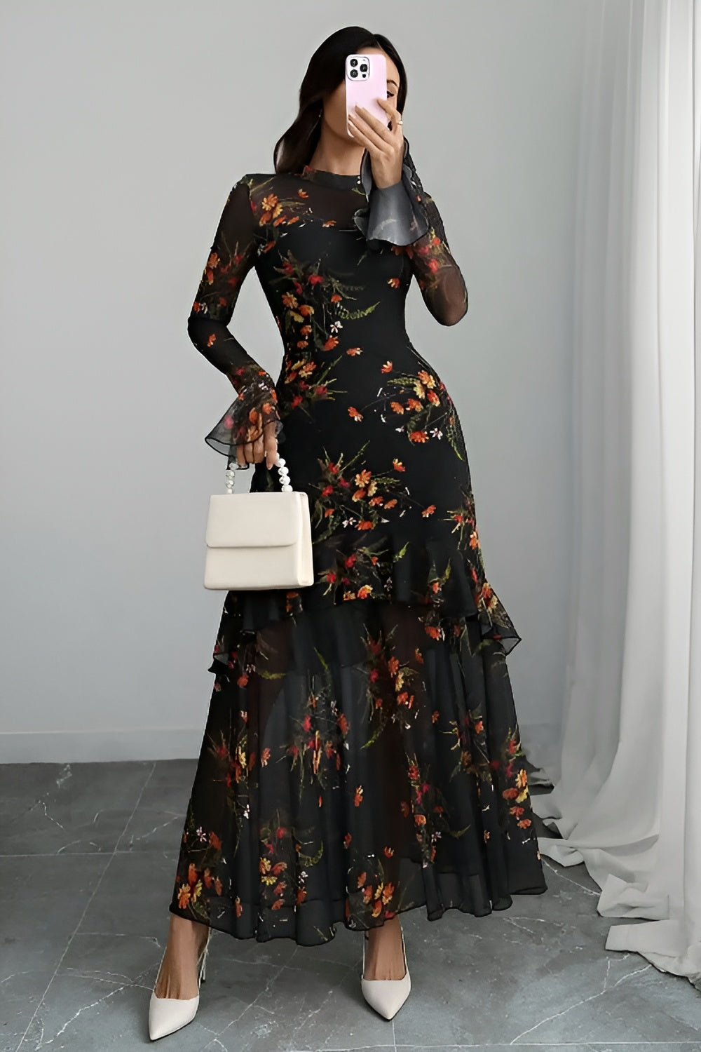 Black Floral Lace Sleeve Maxi Dress