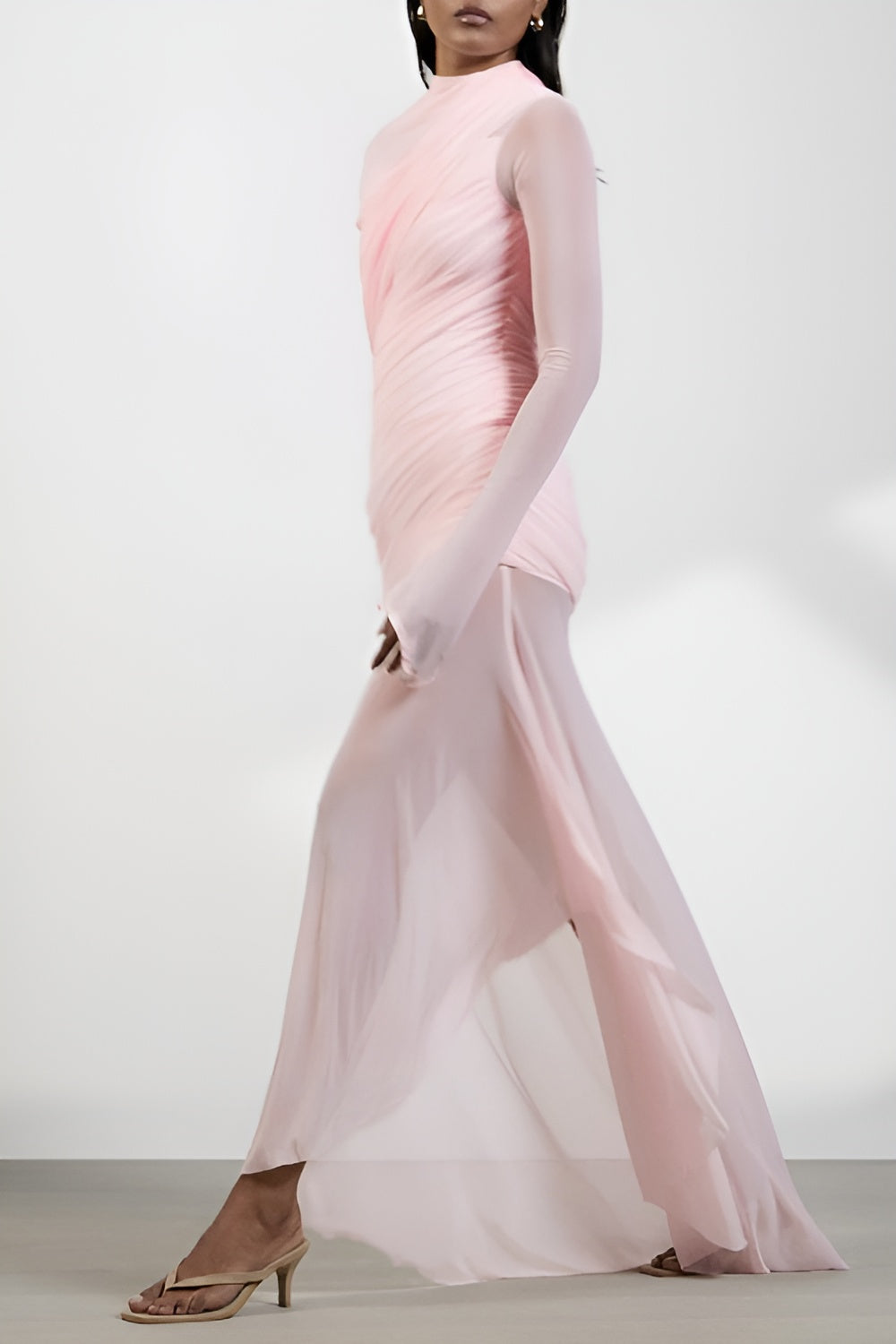 Garance Pink Asymmetrical Ruched Mesh Maxi Dress