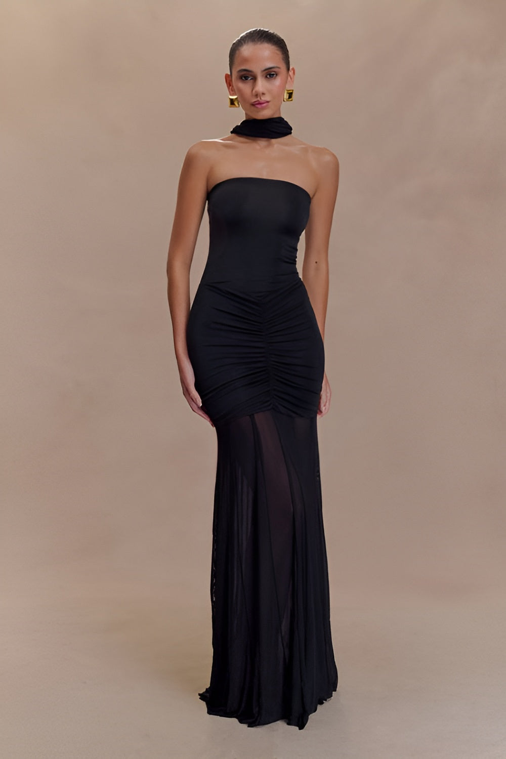 Slinky And Mesh Off Shoulder Maxi Dress