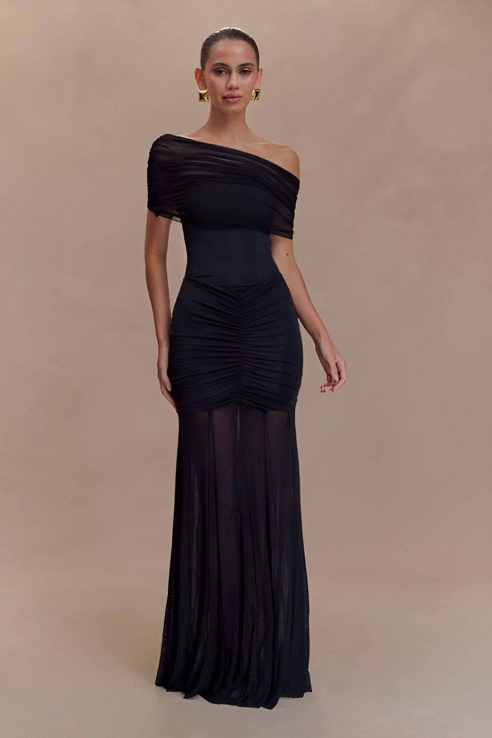 Slinky And Mesh Off Shoulder Maxi Dress