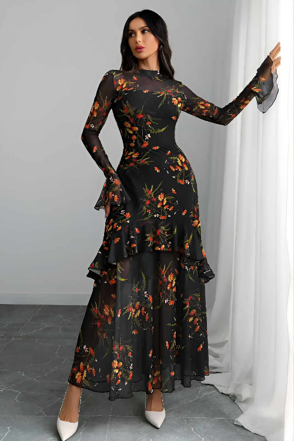 Black Floral Lace Sleeve Maxi Dress