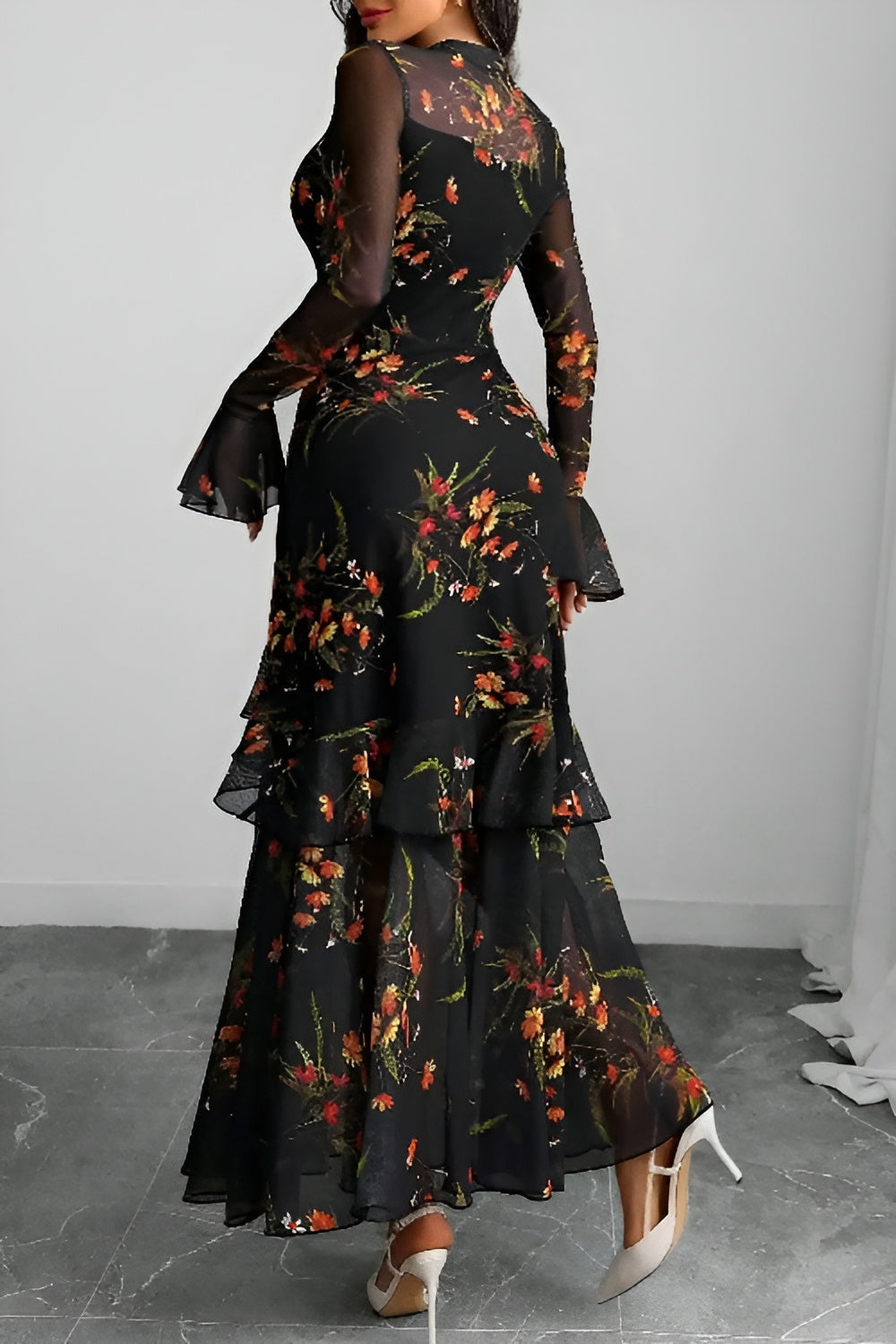 Black Floral Lace Sleeve Maxi Dress