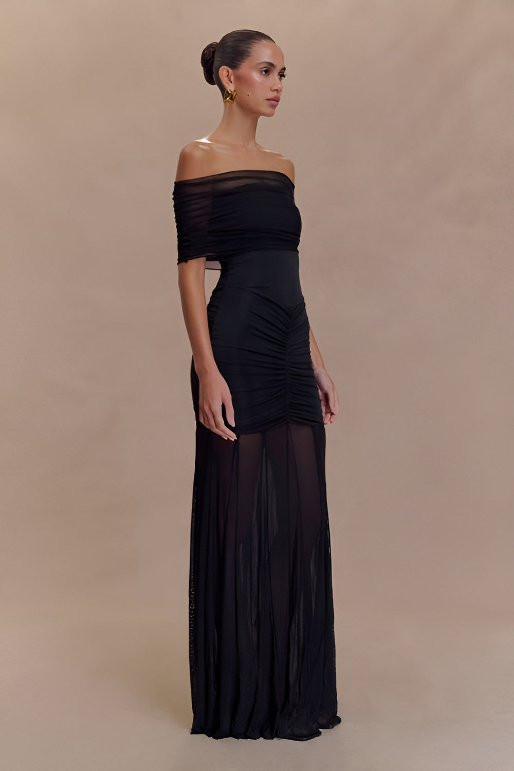 Slinky And Mesh Off Shoulder Maxi Dress