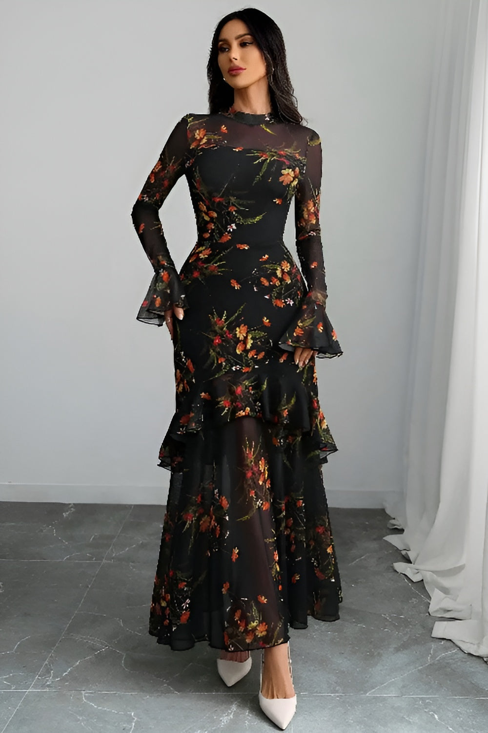 Black Floral Lace Sleeve Maxi Dress