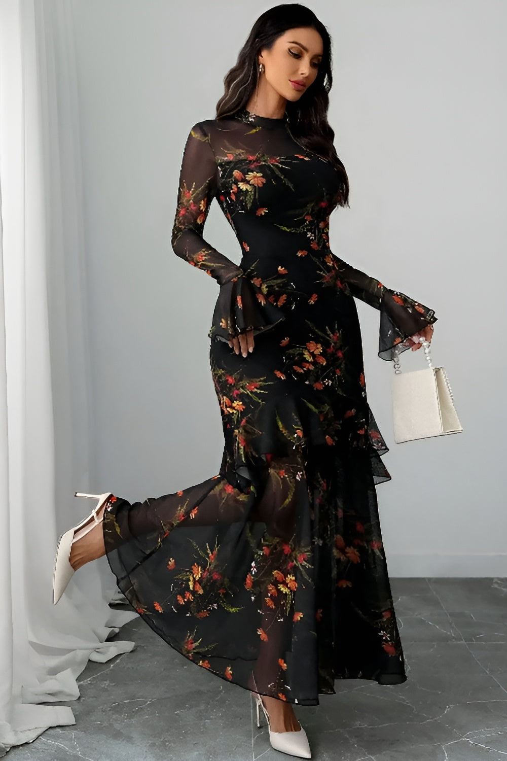 Black Floral Lace Sleeve Maxi Dress