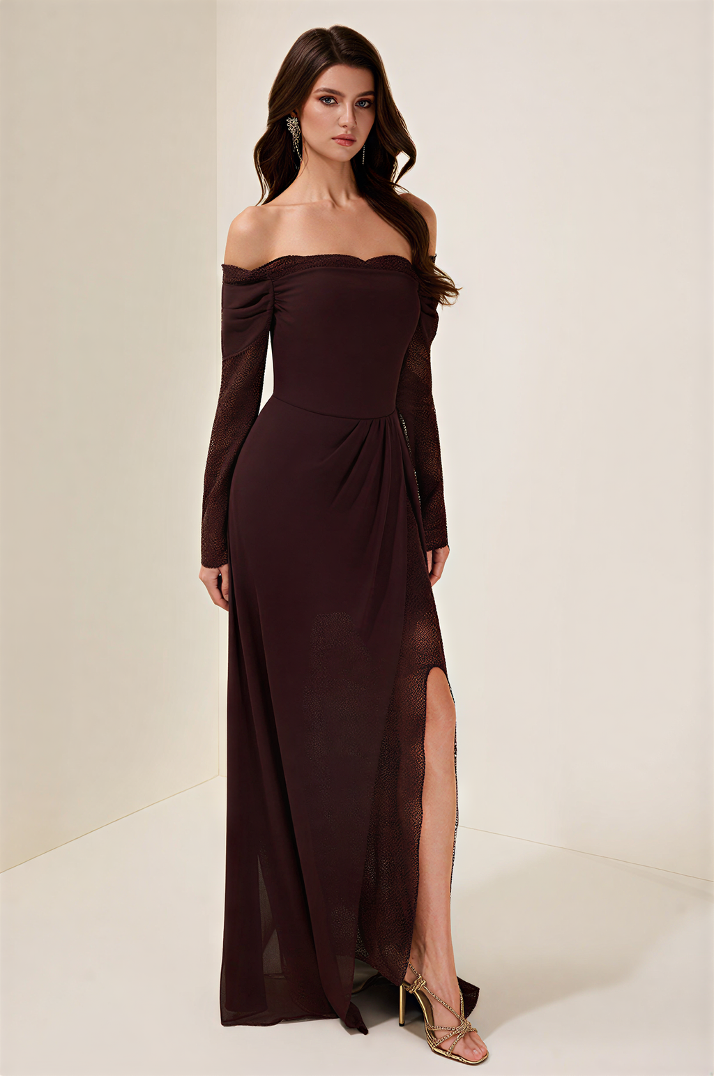 Lace Splicing Chiffon Off Shoulder Maxi Dress